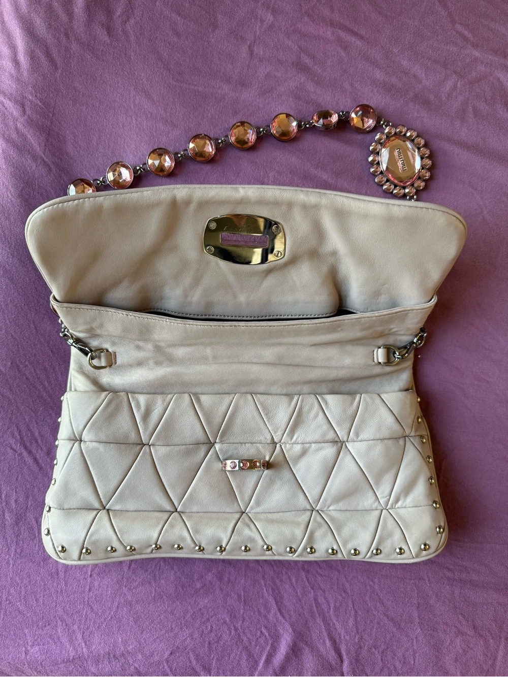 Miu Miu by Prada Quilt Studded Shoulder Bag Jeweled Chain Y2K Clutch Versatile - Picture 4 of 11